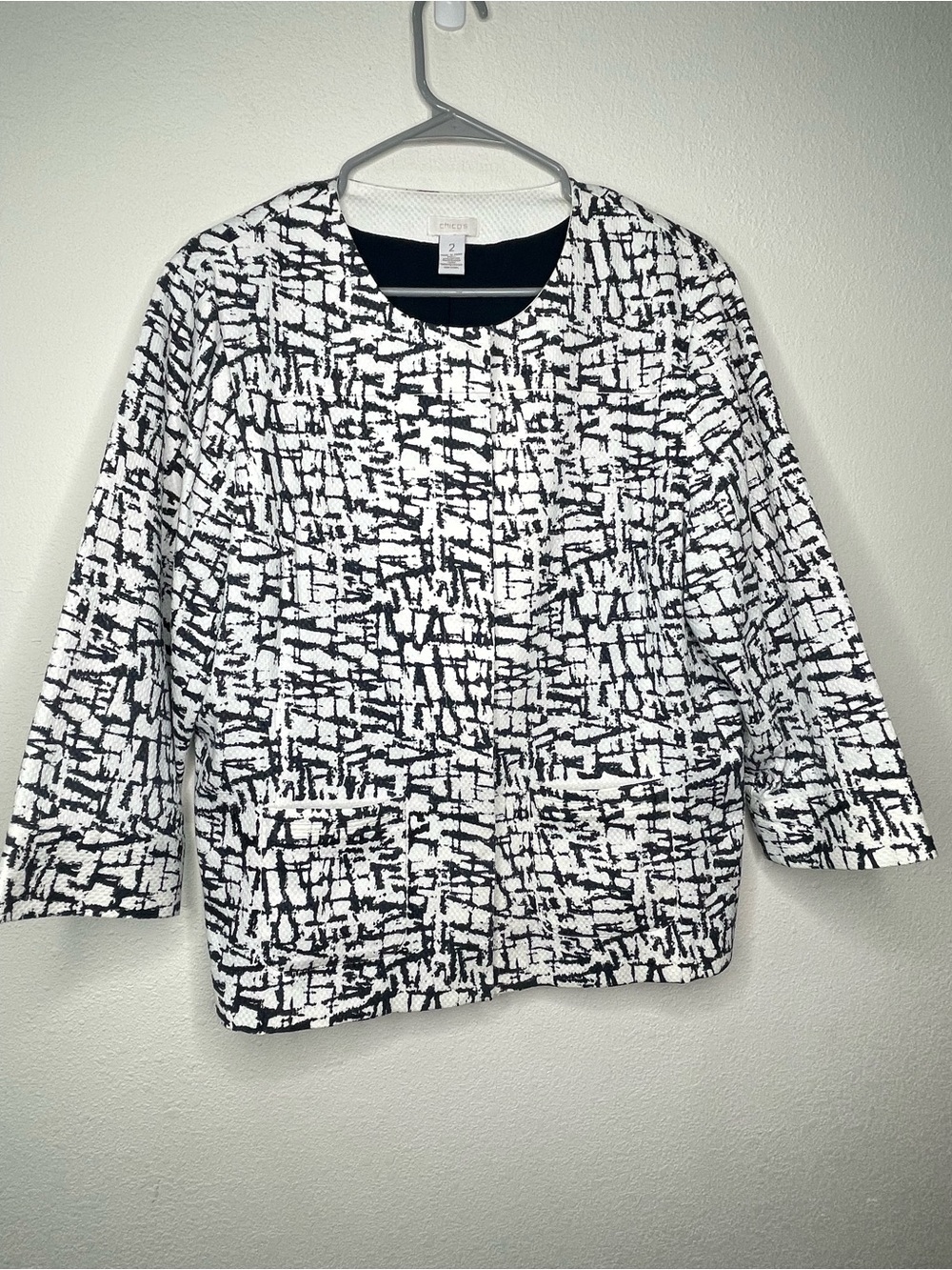 Chicos Size 2 Large Jacket Blazer Geometric career Snap Buttons Pockets Lined
